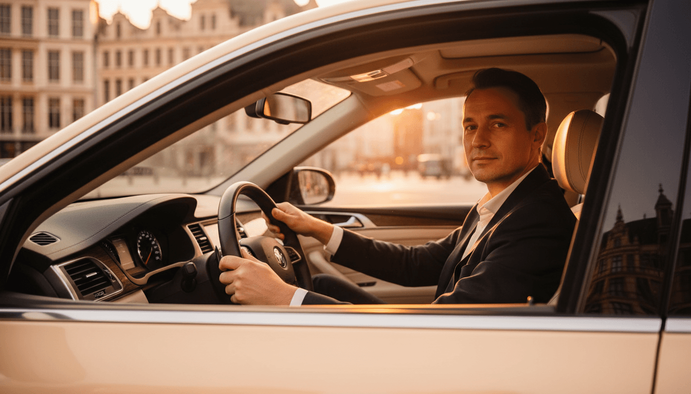 Professional taxi driver in spacious, air-conditioned sedan ready for airport and train station transfers