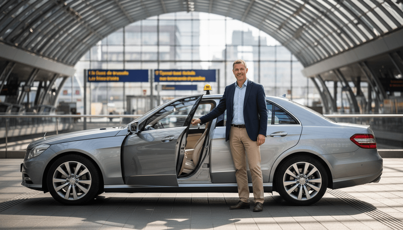 Professional taxi driver standing beside air-conditioned sedan in Brussels area